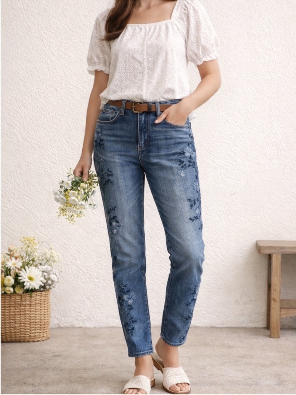 DRIFTWOOD Audrey High Rise Jeans Blue Floral & Bird Embroidery
